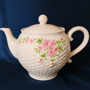 Vintage 1985 Teleflora Teapot Made in Japan – Pink Floral Basketweave Ceramic –